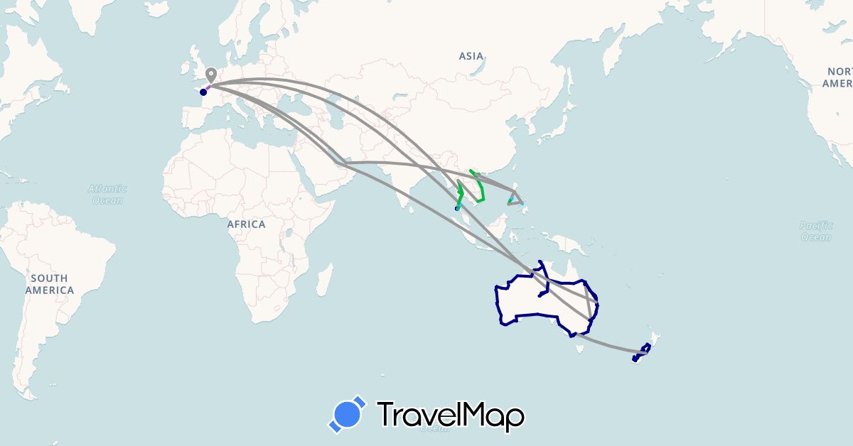 TravelMap itinerary: driving, bus, plane, train, boat in United Arab Emirates, Australia, France, Indonesia, India, New Zealand, Philippines, Qatar, Thailand, Vietnam (Asia, Europe, Oceania)